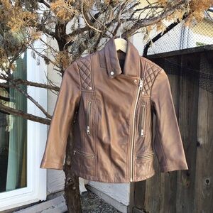 Allsaints Cropped Cargo Biker Motorcycle Leather Jacket Brown Womens US 2